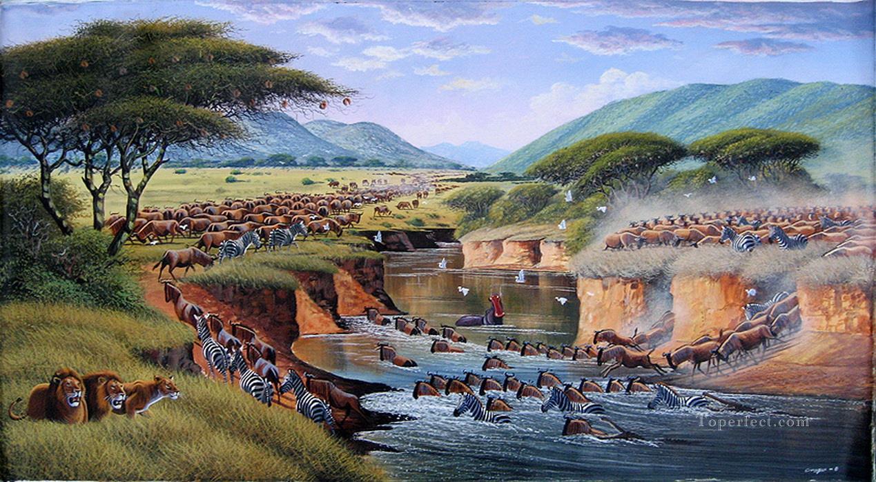 ムグウェはアフリカからマラ川を渡る油絵